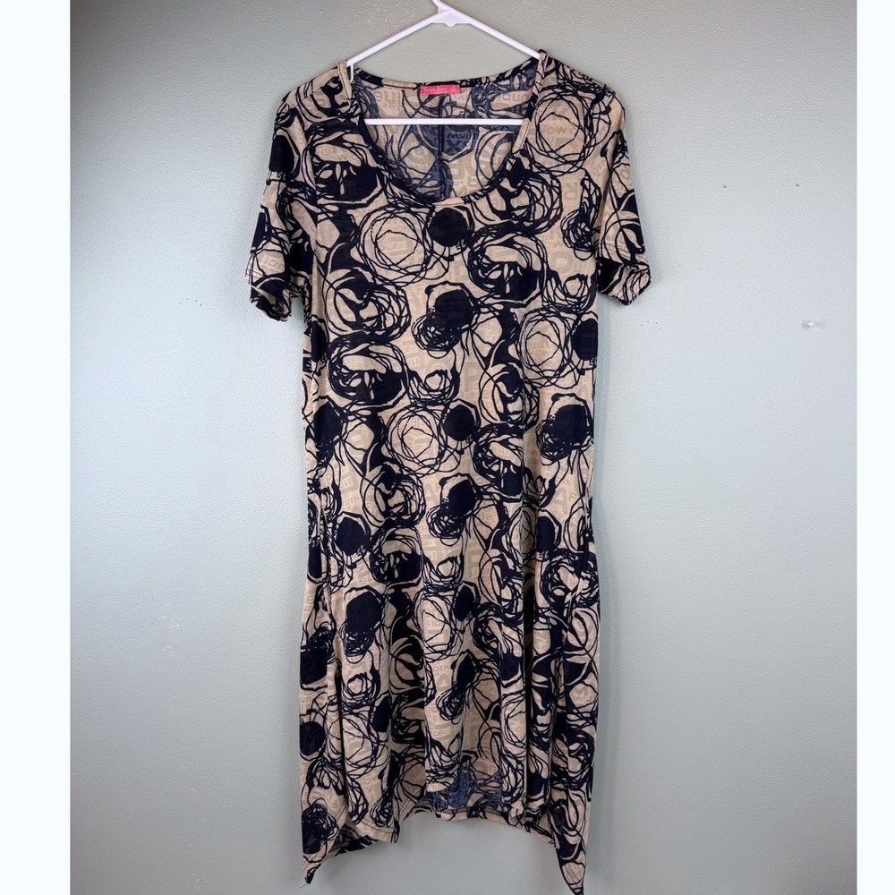 Simply‎ Aster by Firmiana Tan Black Abstract Swirl Handkerchief Hem Dress M